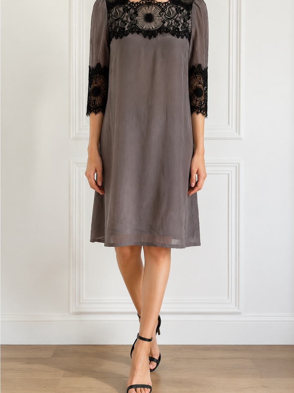 Elegant Gray Lace-Trim Shift Dress